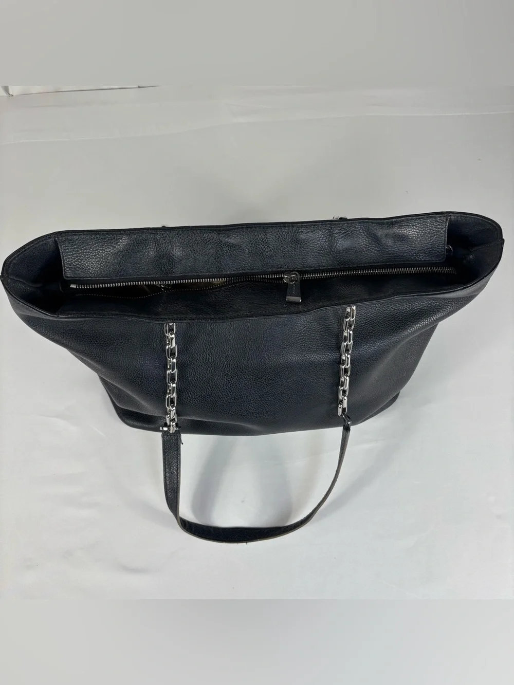 Michael Kors Large Pebbled Leather Chain Tote Bag Navy Silver Hardware